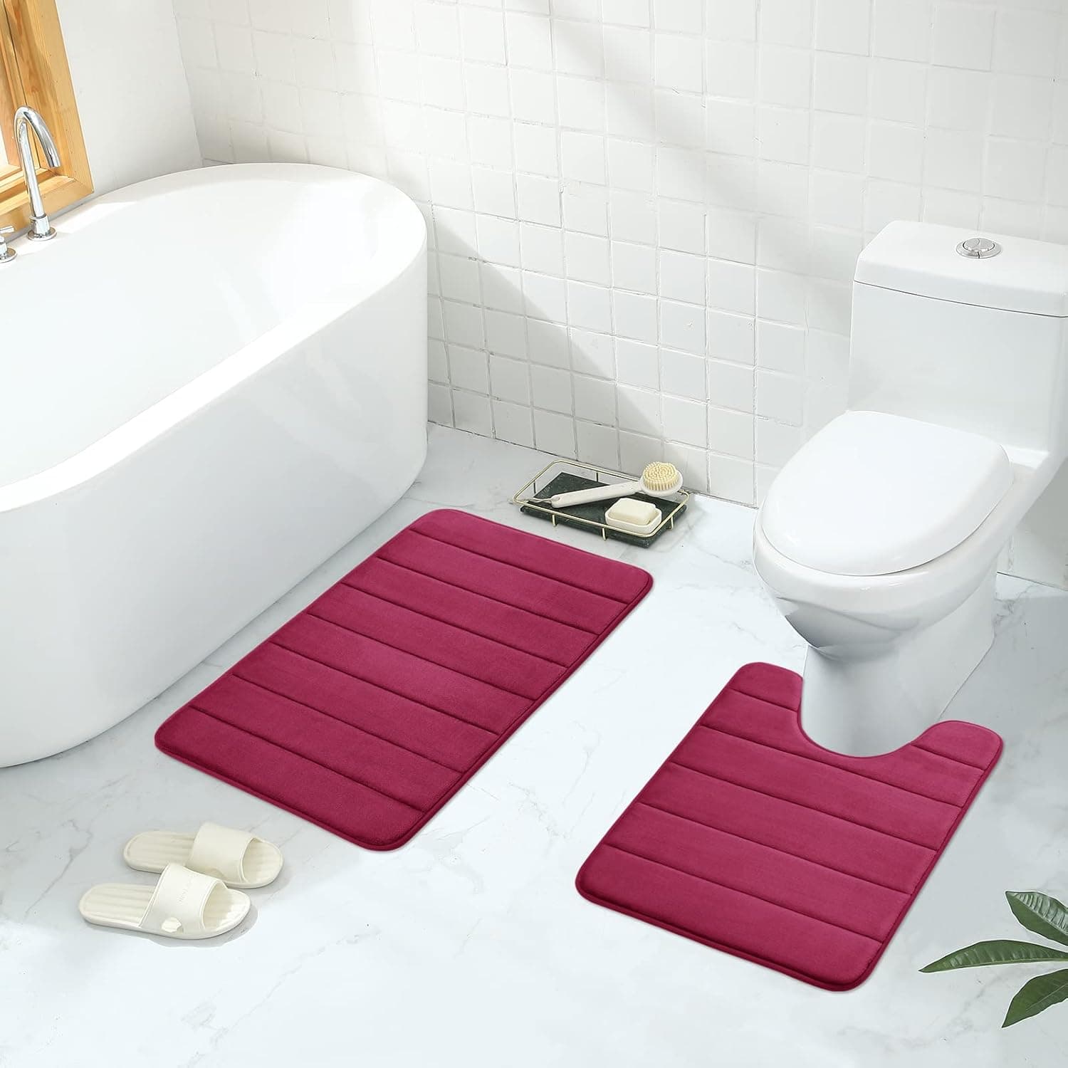 Buganda Memory Foam Bathroom Rugs and Mats Sets 2 Pieces, Bath Mat and U-Shaped Toilet Rug, Non Slip, Absorbent, Shaggy, Machine Washable Bathroom Rugs for Bathroom(20" x 24"+20" x 32", Wine Red)