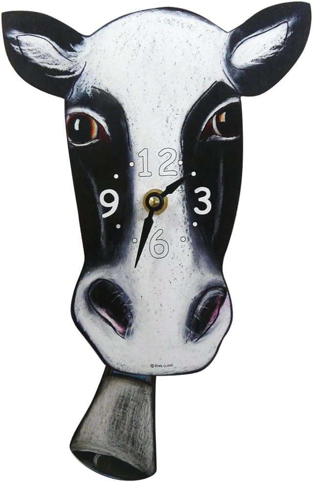 Black and White Cow Wall Clock with Swinging Bell Pendulum