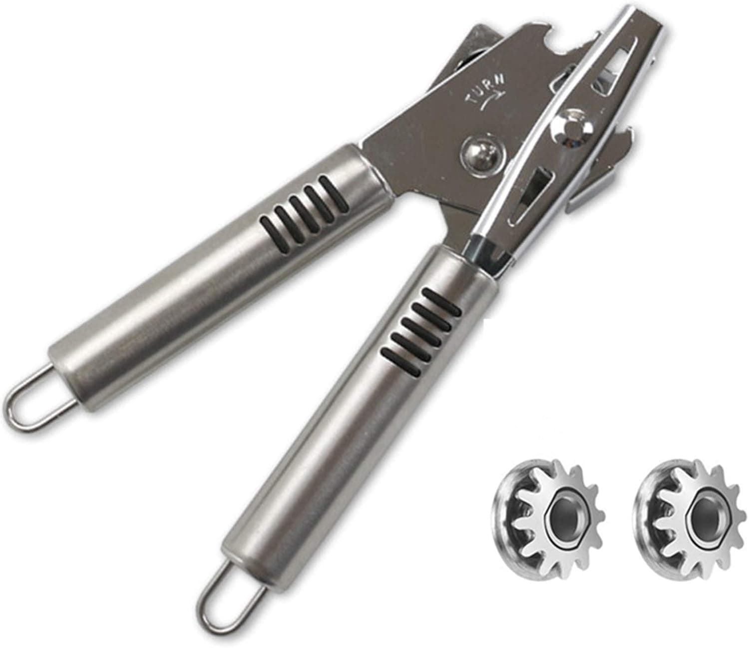 WEIMEII Professional Stainless Steel Manual can Opener, Manual Can Opener Smooth Edge,Comfortable and Ergonomic (with 2 Spare Blades), With Built-in Handheld Bottle Tin Opener