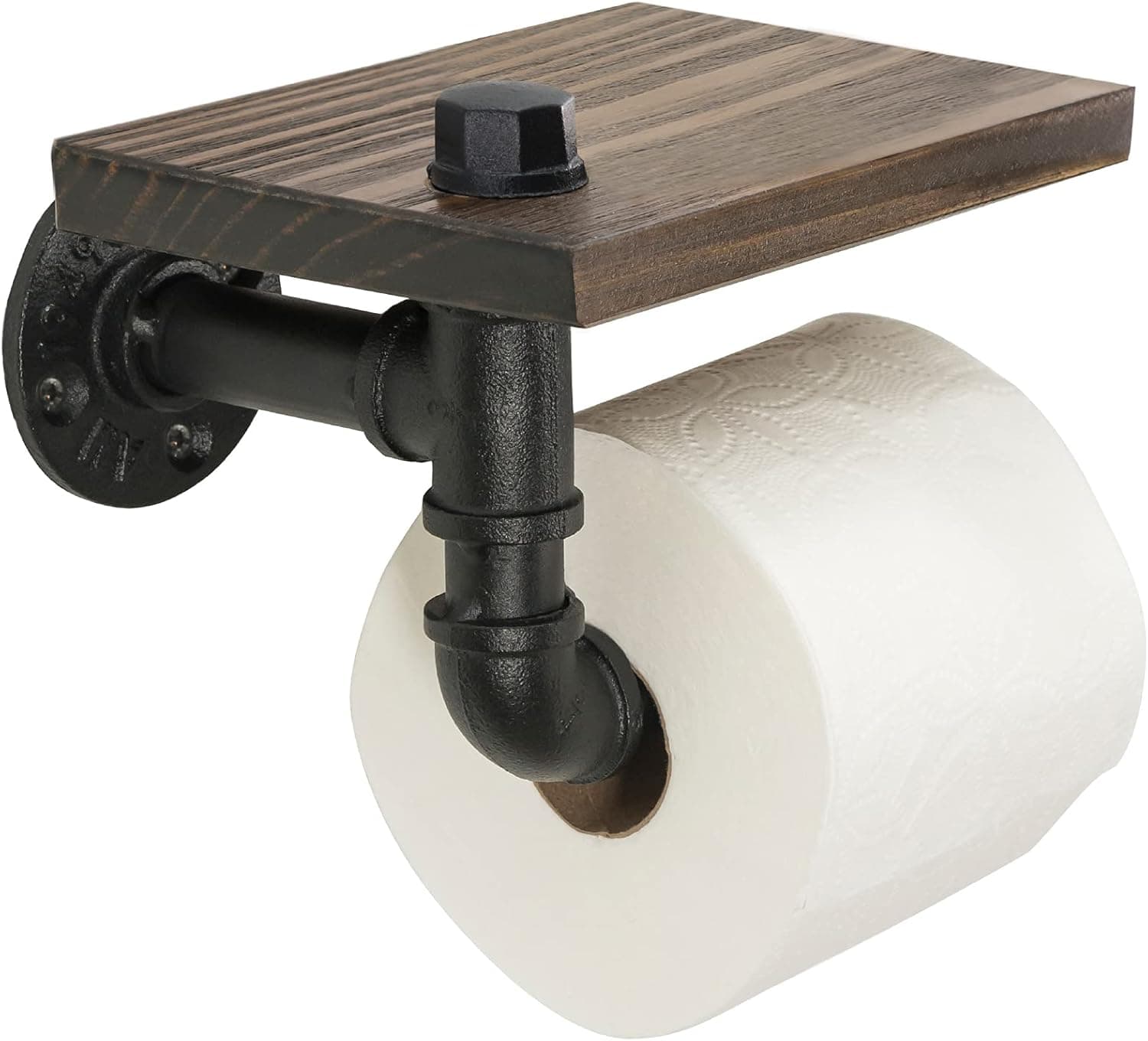 EXCELLO GLOBAL PRODUCTS Industrial Toilet Paper Holder with Rustic Wooden Shelf and Cast Iron Pipe Hardware for Bathroom, Washroom