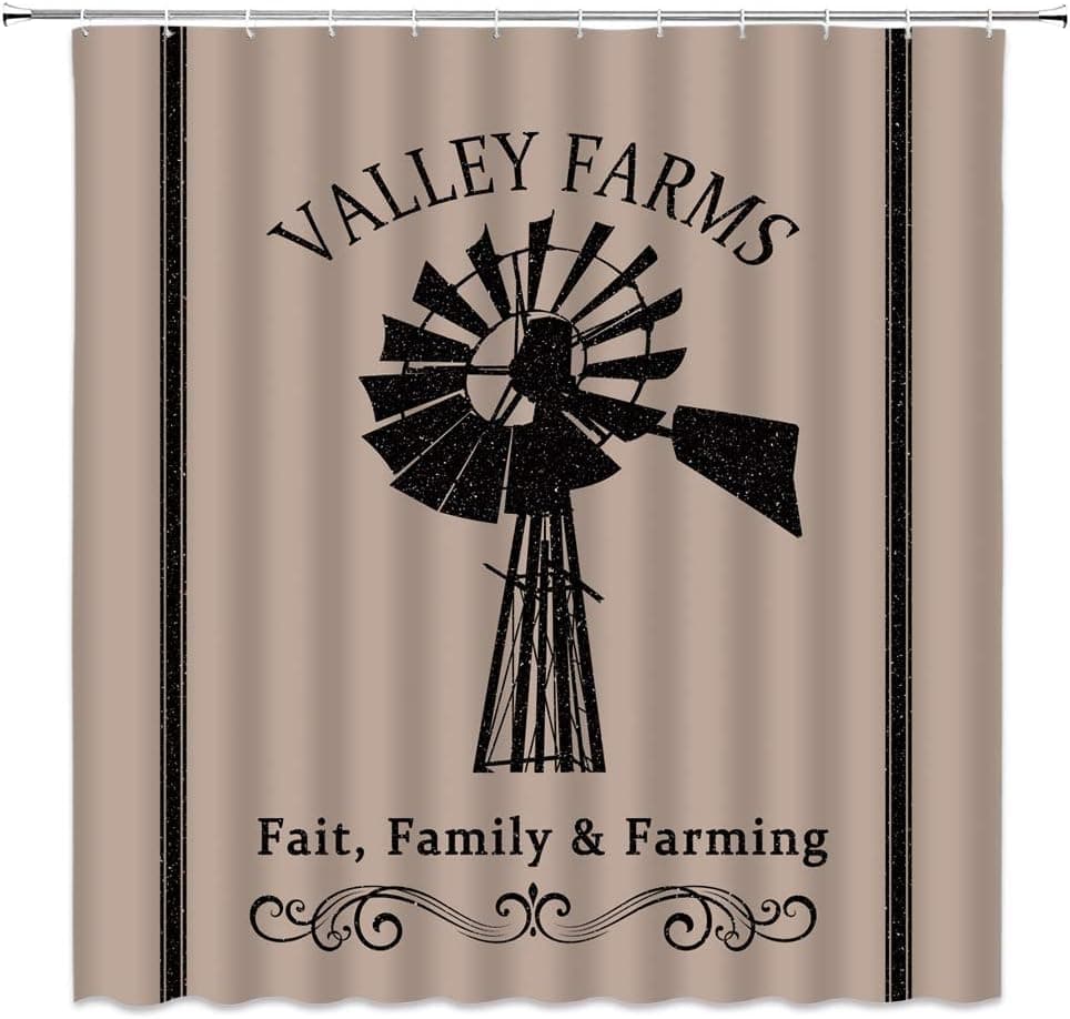 AMHNF Farmhouse Windmill Shower Curtain Rustic Farm Windmill Primitive Country Vintage Retro Western Country Bathroom Decor Fabric with Hooks