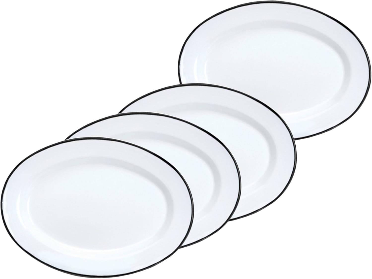Crow Canyon Enamelware Oval Dinner Salad Serving Plates, Classic Tableware - Set of 4 - Solid White with Black Rim Color, 12 Inches x 8.75 Inches