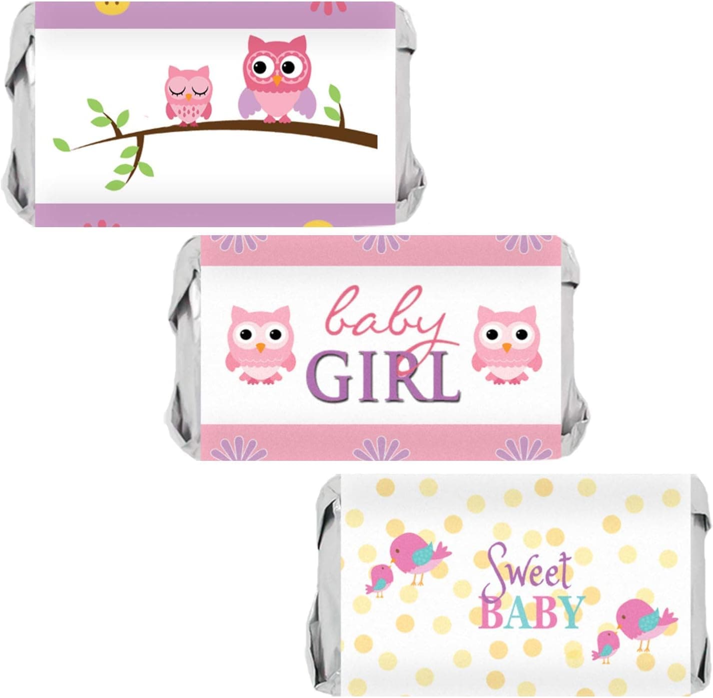 Pink Owl Baby Shower Mini Candy Bar Wrappers - 45 Stickers