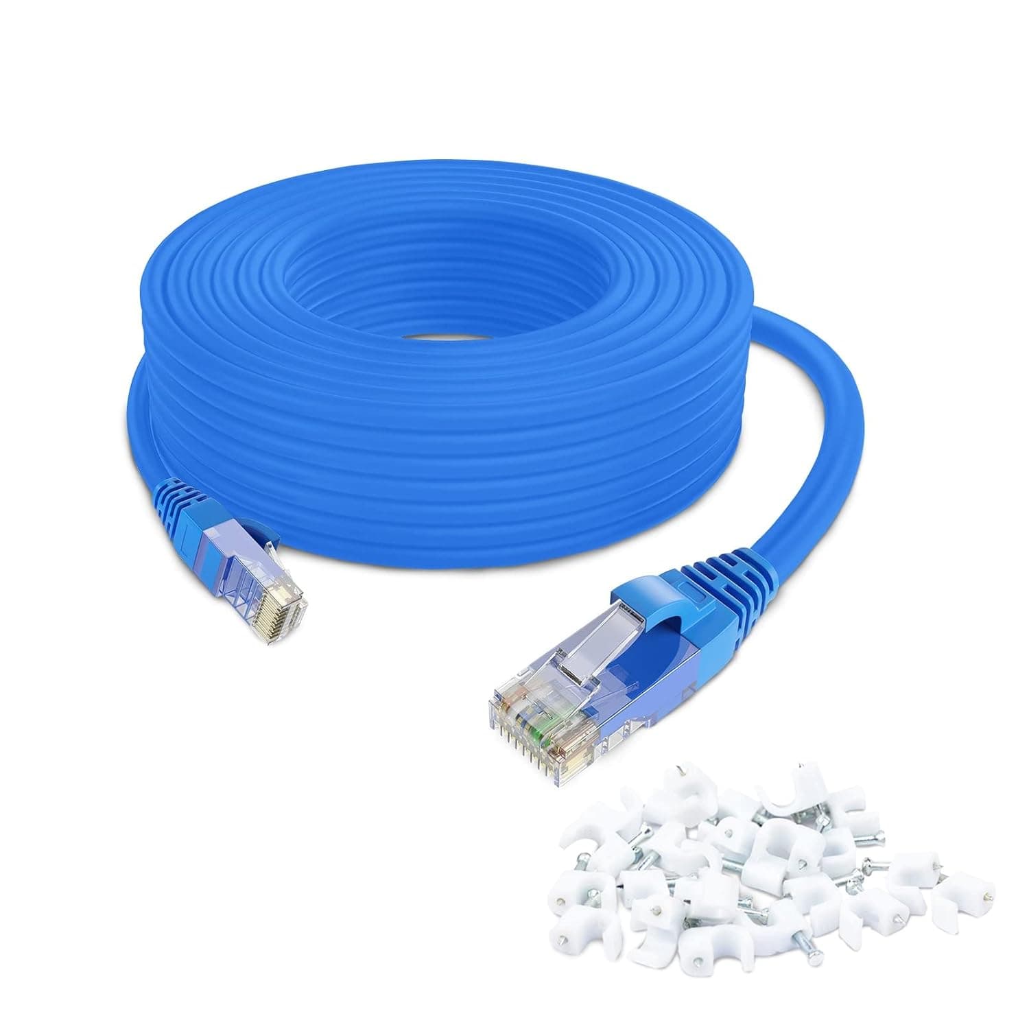 QNECS Cat6 Ethernet Cable with Clips 550 Mhz Ethernet Network Cable- Snagless High Speed Patch Internet Computer Cord- UTP CAT 6 Cable with RJ45 Connector for Home Office Servers [Blue - 50 Ft]