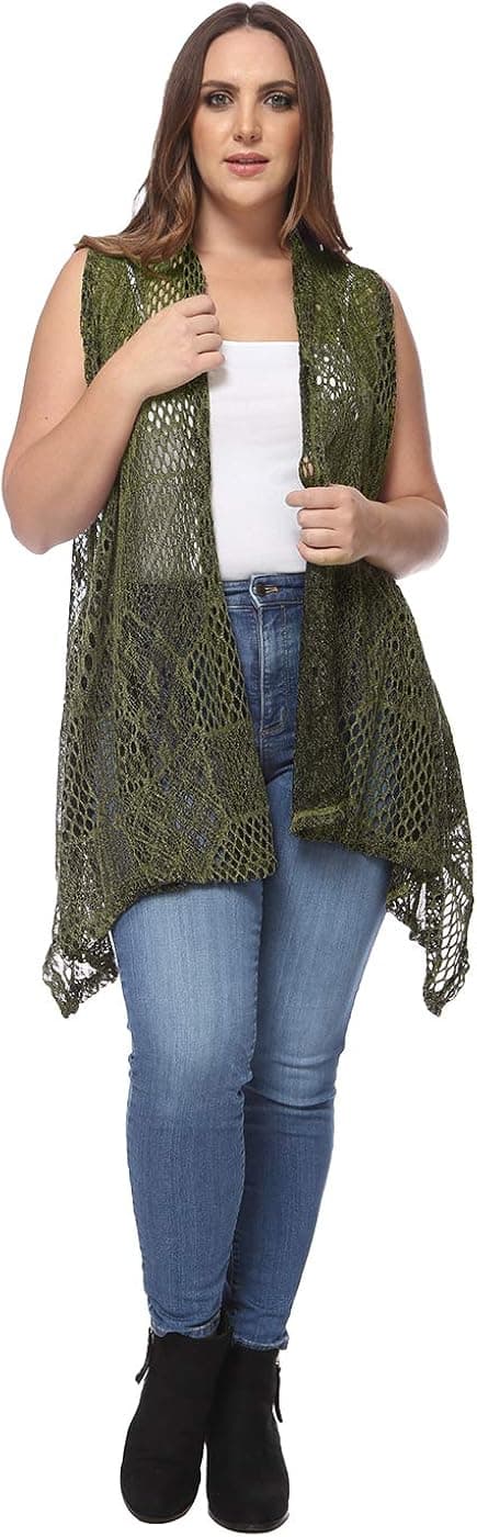 Anna-Kaci Women's Plus Size Boho Open Front Crochet Cover Up Sleeveless Shawl Cardigan Vest