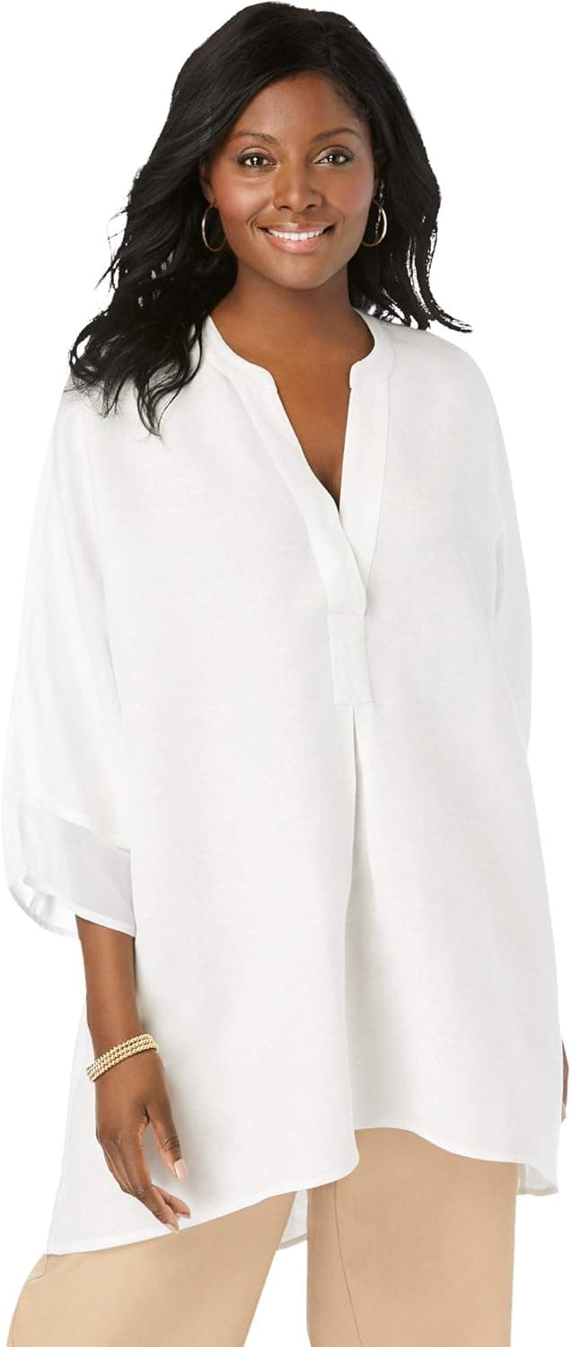 Jessica London Women's Plus Size Hi-Low Linen Tunic Long Shirt