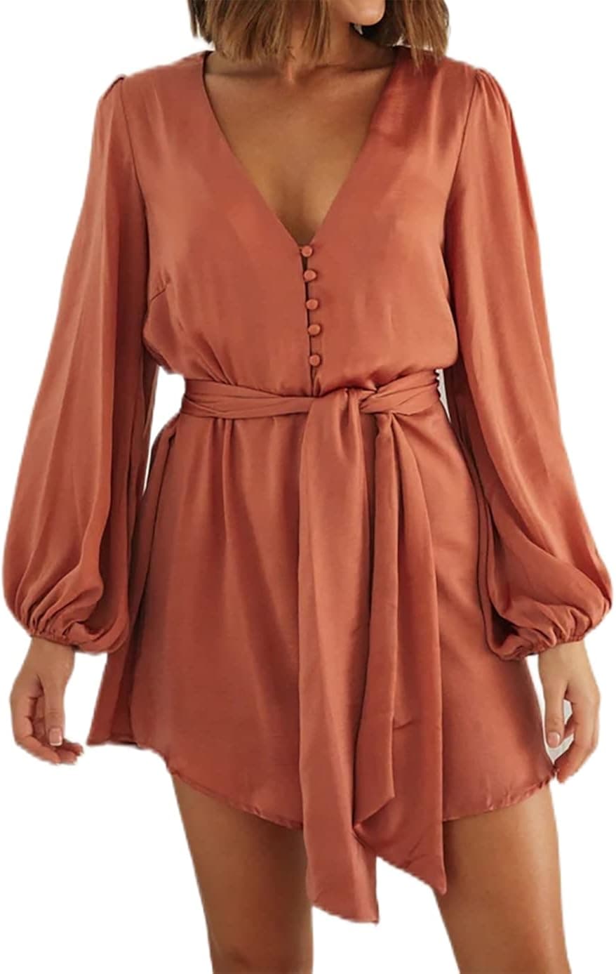 R.Vivimos Shirt Dresses for Women Balloon Long Sleeve Deep V Neck Casual Button Up Irregular Hem Mini Dress with Belt
