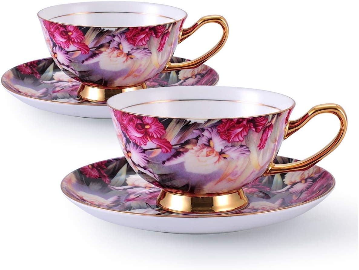 Kissweetime Bone China Tea Cups and Saucers Coffee Cups Porcelain Tea Cup Set - Espresso Mug Cappuccino Cups, Set of 2(7 oz) With Spoon and Gift Box
