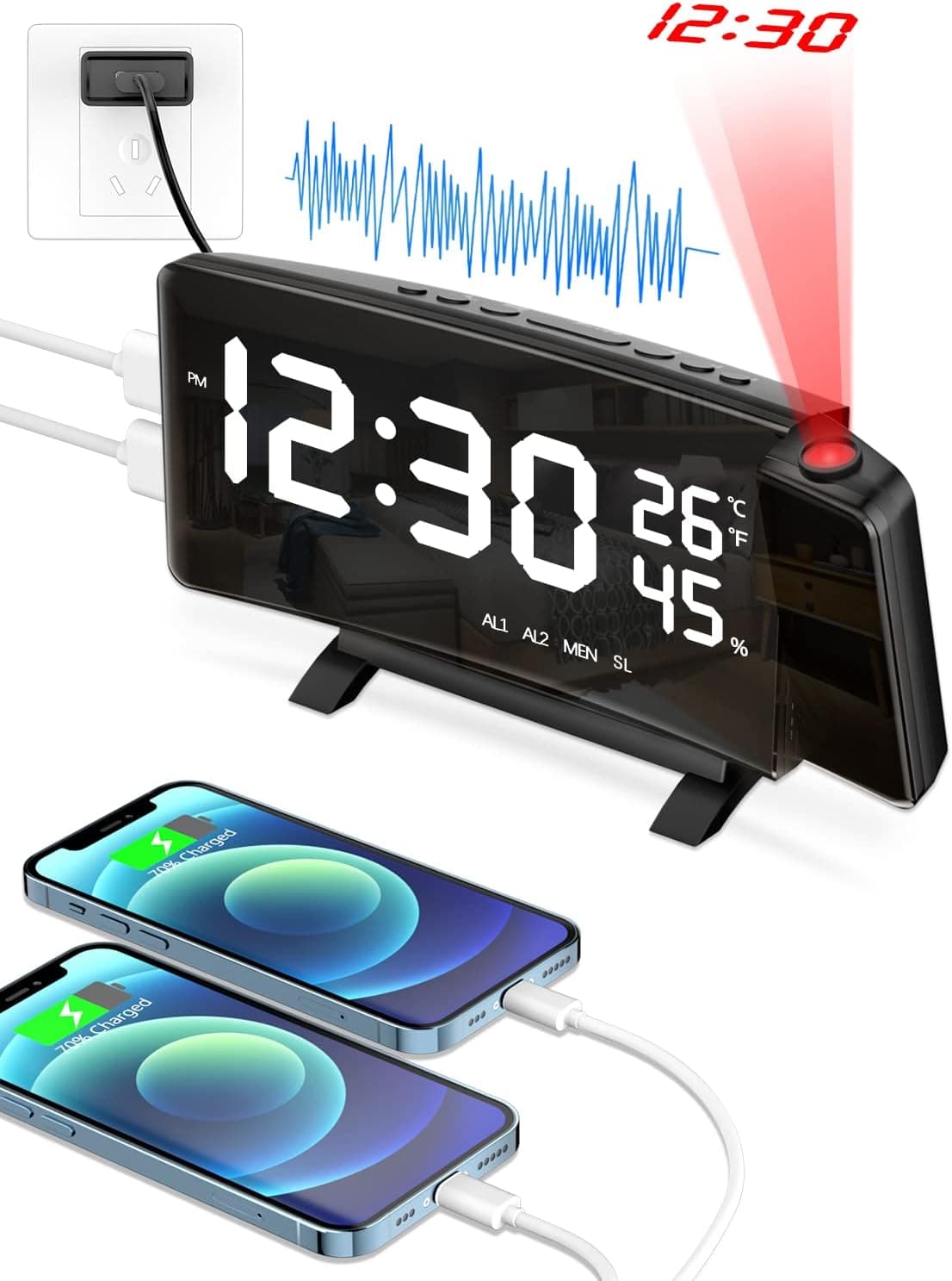 Clock Radios, PEYOU Projection Alarm Clock for Bedroom with [3-Color Digital Display ]/4 Dimmers, Snooze, Temperature&Humidity, USB Charger, Bedside Loud Dual Alarm Clock for Heavy Sleepers Adults Kid