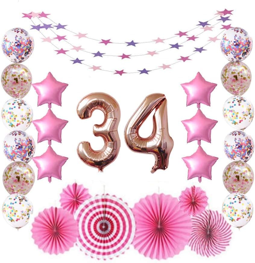 34 Rose Gold Number Foil Balloons for 34th Birthday Party Sign Supplies, Adult Men/Women's 34 Years Old Birthday Party Decorations