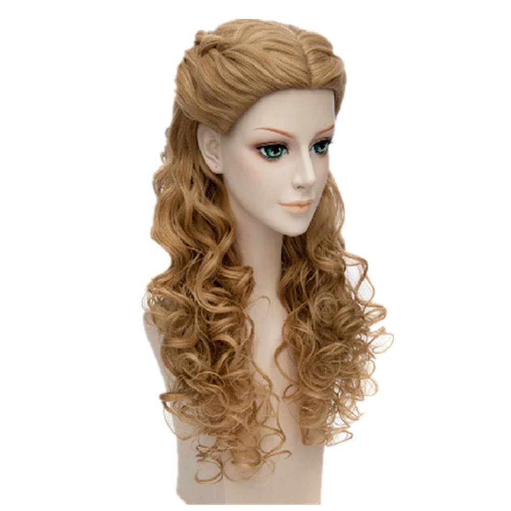 Menoqi Women Long Wavy Curly Wigs Gold Braided Wig Synthetic Hair Wigs Halloween Costume Wig with Wig Cap WIG155