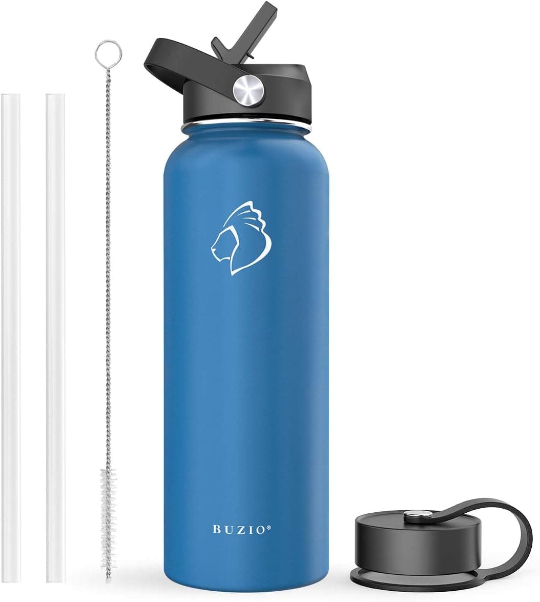 BUZIO Double Wall Stainless Steel Sports Wide Mouth Water Bottle, BPA-Free Flex Cap and Straw Lid, 40 Ounces & 32 Ounces Water Bottle
