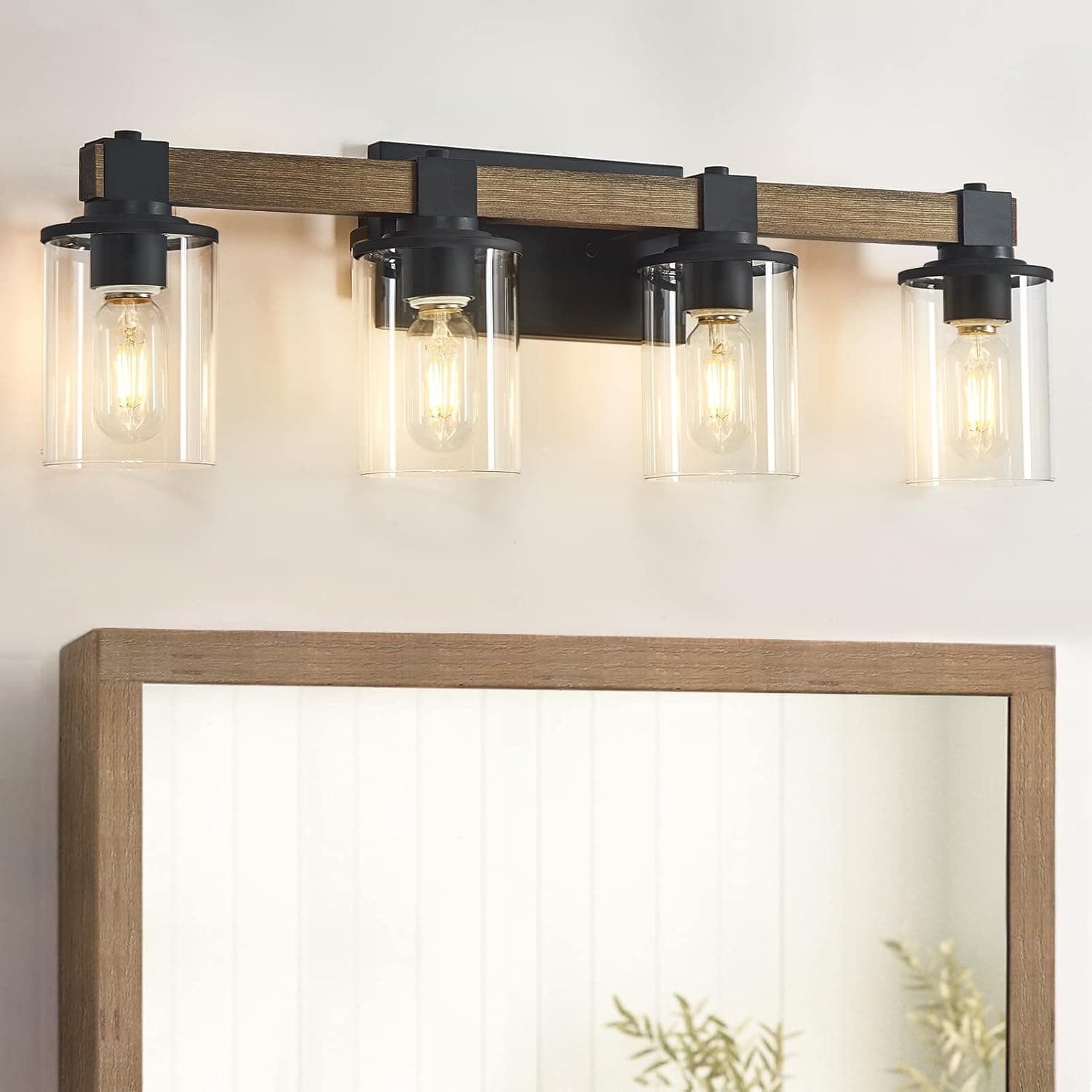 Farmhouse Bathroom Light Fixtures, Rustic Wood 4-Light Vanity Light with Clear Glass Shades, Bathroom Light Fixtures Over Mirror, Vanity Lighting Fixtures for Bathroom/Living Room/Bedroom/Hallway