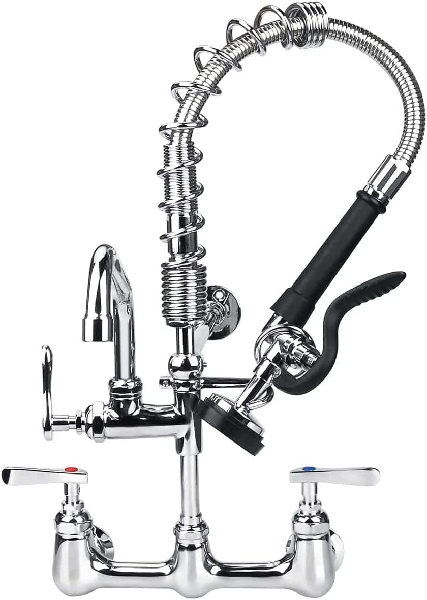 COOLWEST-Commercial-Kitchen-Faucet-Pre-Rinse 8 Inch Center Commercial Sink Faucet with Sprayer 21” Height Wall Mount Kitchen Faucet with 8” Add-on Swivel Spout Brass Constructed