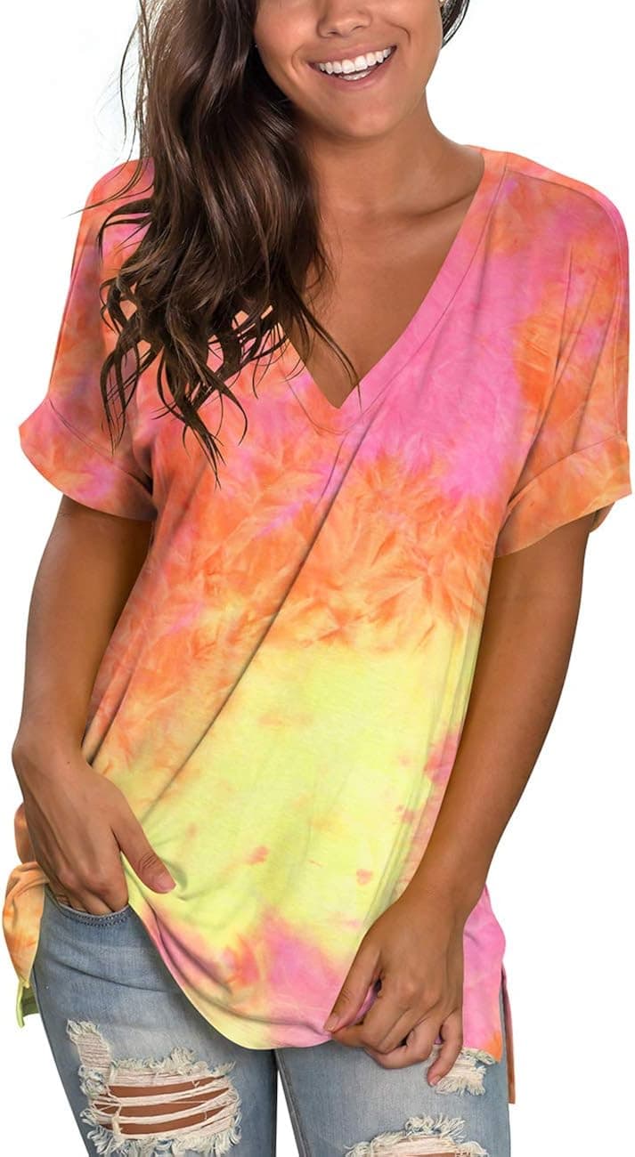 deqiang Women's V Neck T Shirts Short Sleeve Side Split Summer Casual Tops