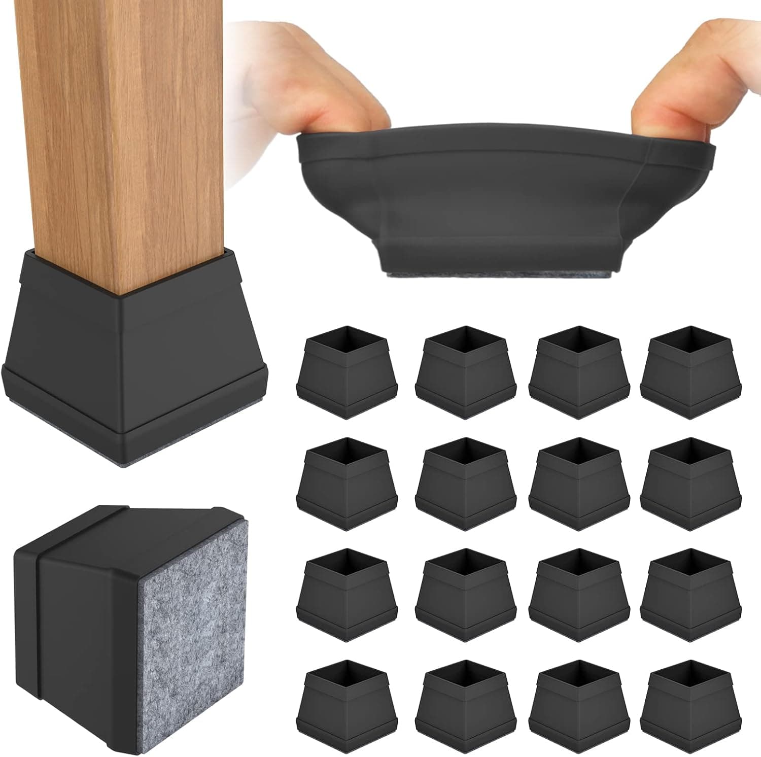 16 PCS Square Silicone Chair Leg Floor Protectors with Felt Pads for Protecting Hard Floors from Scratches and Noise.