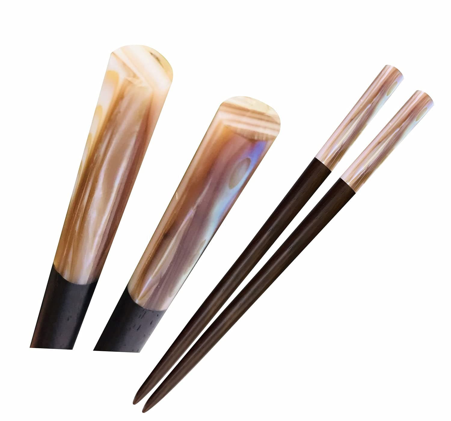 Wooden Hair chopsticks, The Head of Top Inlay with Mother of Pearl by Hand, Unique Decorative Wooden Hair Sticks, Vintage Hair Chopsticks for Women, Natural Color Black and Gray (Black Pearl sticks)