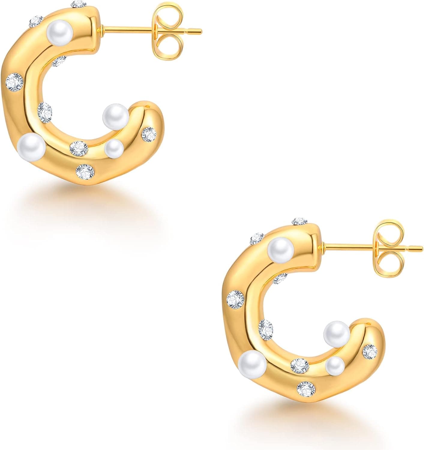 Sunssy Chunky Gold Hoop Earrings for Women 18K Gold Plated Trendy Cute Small Hoop Earrings for Teen Dainty Thick Twist Rhinestone Pearl Gold Earrings Aesthetic Open Hoops