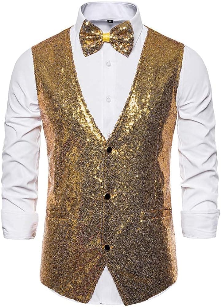 Men's Shiny Sequin Vest V-Neck Regular-Fit Party Dress Suit Waistcoat Bowtie 2 Pieces