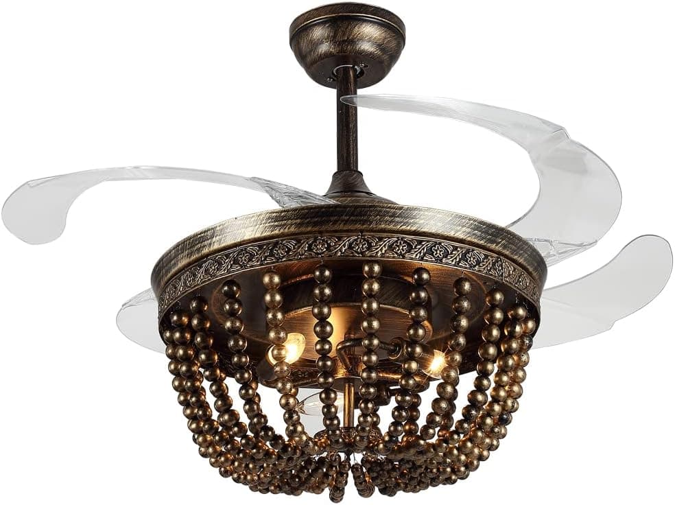Wood Bead Ceiling Fan with Lights, Boho Chandelier, Reverse Retractable Blades, 42 inch 6-Gear Speed, Remote Control, Timing Function, For Kitchen, Living room, Bedroom (Bulb Not Included)