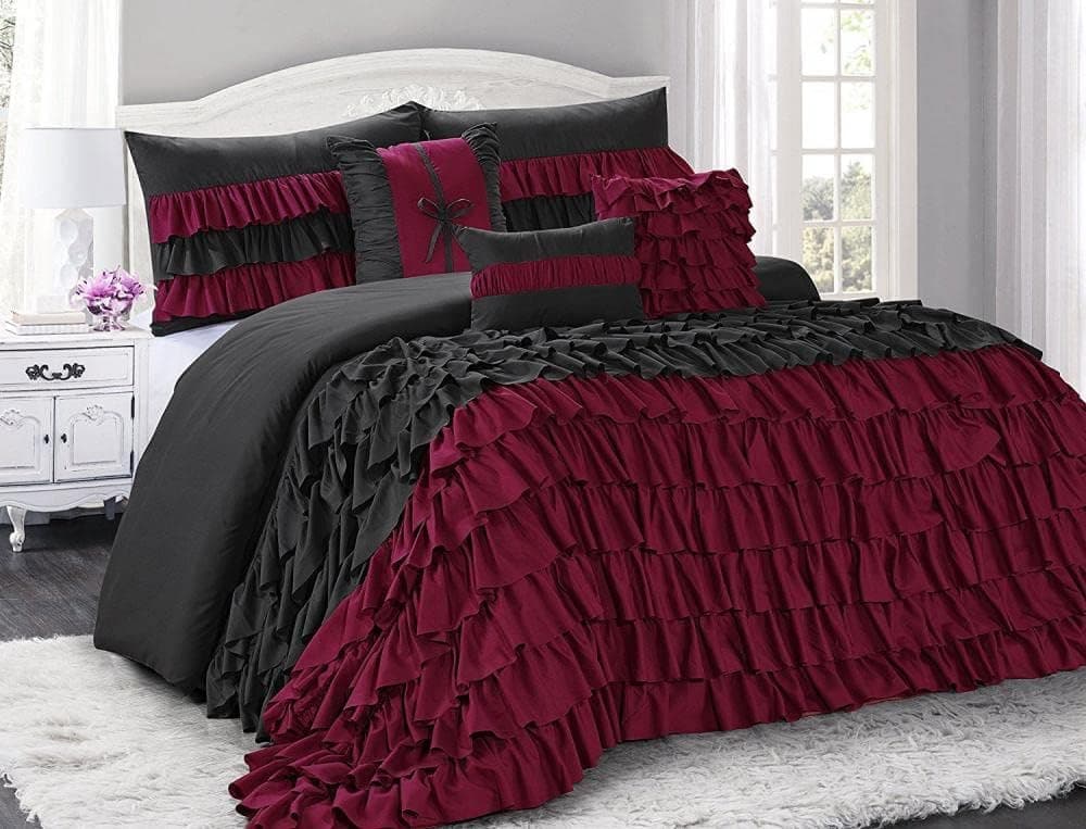 BRHF 7 Piece Light-Weight Microfiber Comforter Set Ruffled Style - Bed in A Bag - 1 Comforter, 2 Shams, 3 Decorative Pillows, 1 Bed Skirt - Burgundy Queen Size