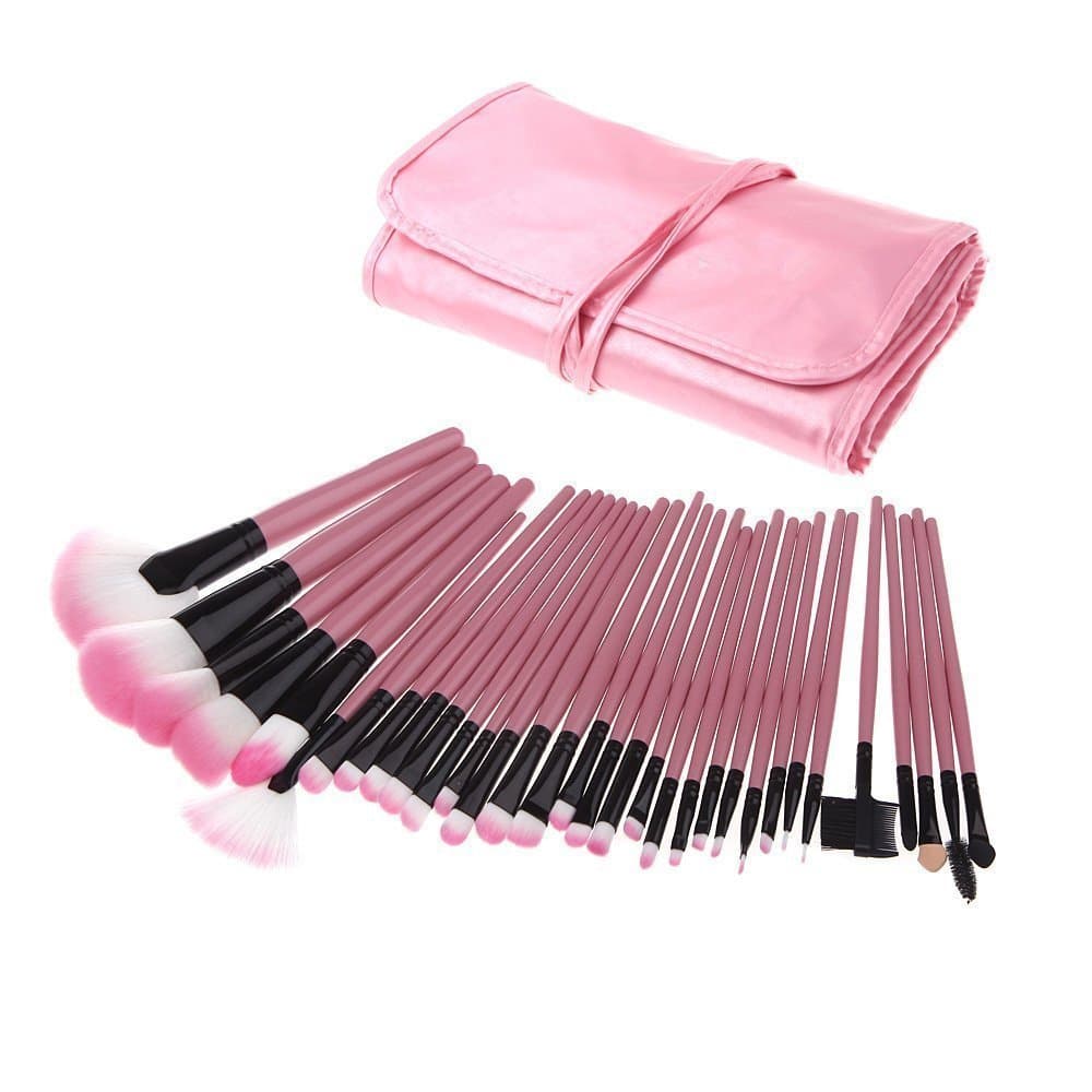Samyo Makeup Brushes Affordable Cosmetic Makeup Brush Set Soft Synthetic Hair Easy to Clean-soft Carrying Case Bamboo Handle-nice Gift (Pink; 32 Pcs)