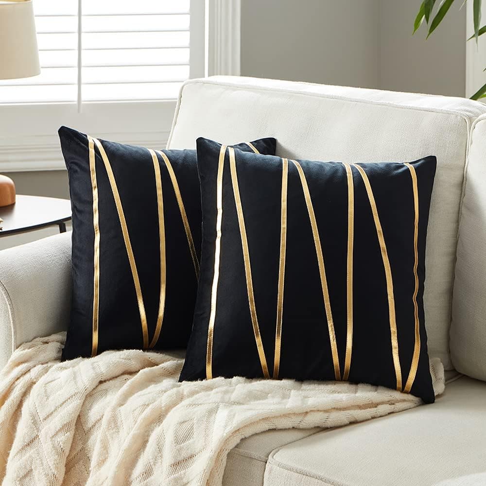Andaot 2 Packs Black Decorative Throw Pillow Covers 18x18 Inch with Gold Zig Leather, Luxury Modern Farmhouse Home Decor, Soft Velvet Accent Square Cushion Case for Living Room Couch Bed Sofa