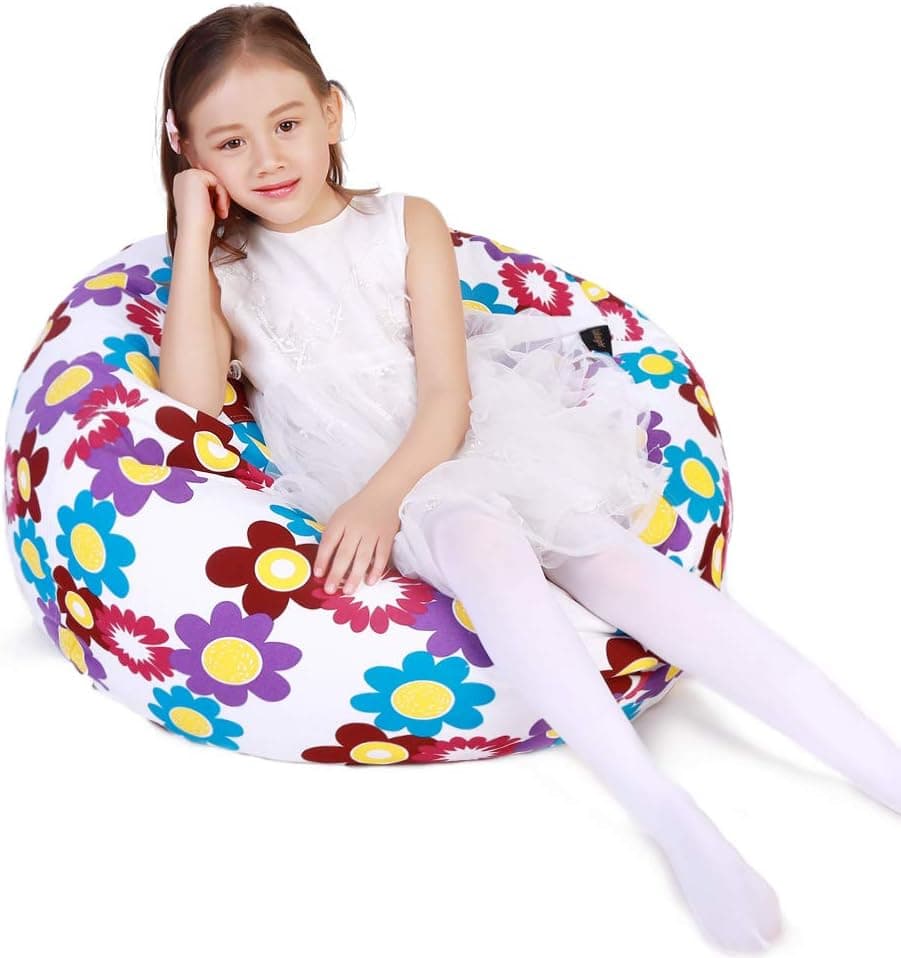 Stuffed Animal Storage Bean Bag Chair, Bean Bag Cover for Organizing Kid’s Room - Fits a Lot of Stuffed Animals, Large/Flowers White