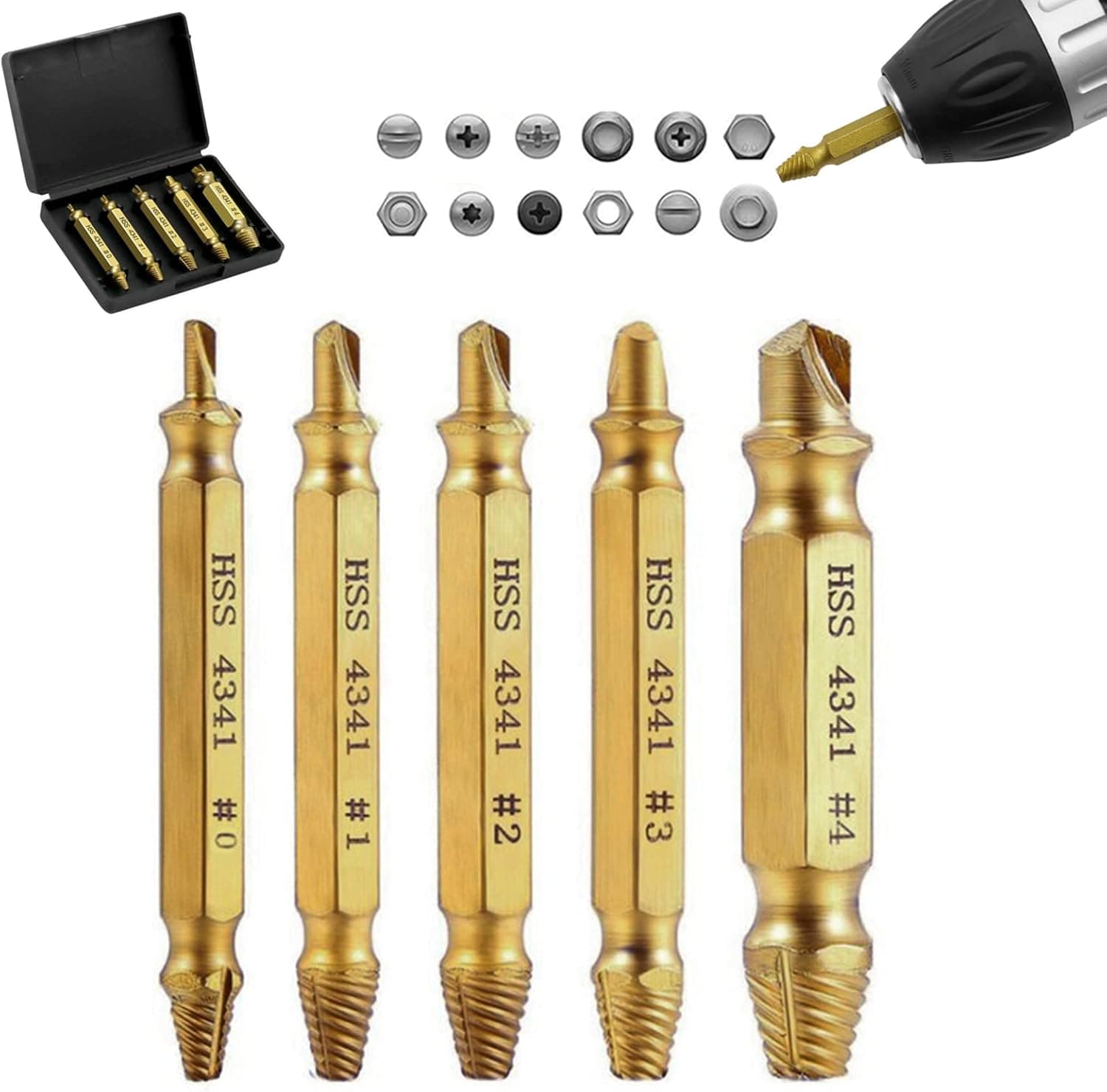 Denpetec 5 Pcs Damaged Screw Extractor,Stripped Screw Remover,Screw Extractor Set,Broken Bolt and Damaged Screw Extractor(Gold)