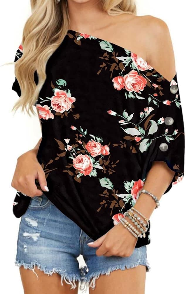 INFITTY Womens Off Shoulder Tops Casual Summer Loose Button Down Short Sleeve Shirt Tunic Blouse