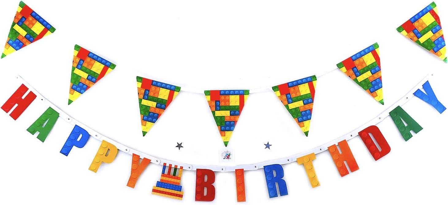 Building Block Happy Birthday Party Decorations - Happy Birthday Banner and flag For Building Blocks Theme Party - For Boy Kid Girl Toddler Adult - Birthday Kit Decorations - Building Blocks Flag And Banner