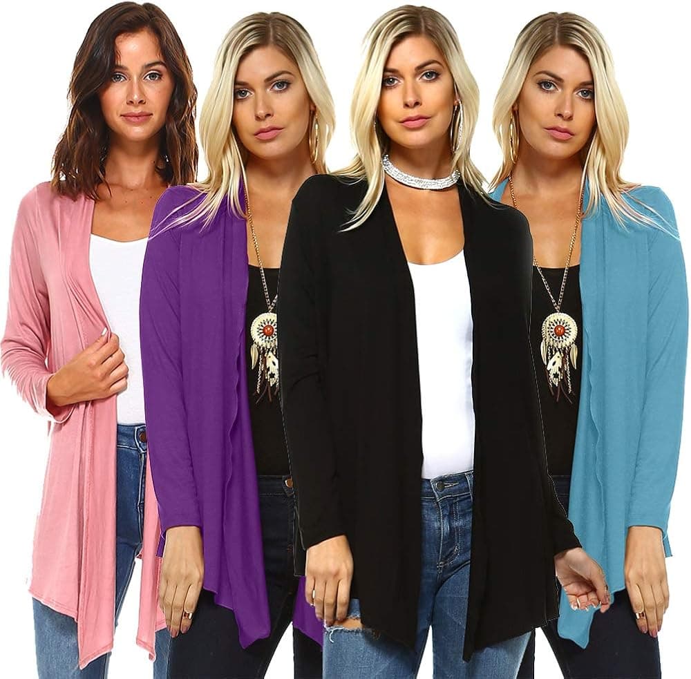 Isaac Liev 4-Pack Women’s Open Front Lightweight Casual Flyaway Cardigan (Eggplant, Black, Rosebud & Denim Blue, Small)