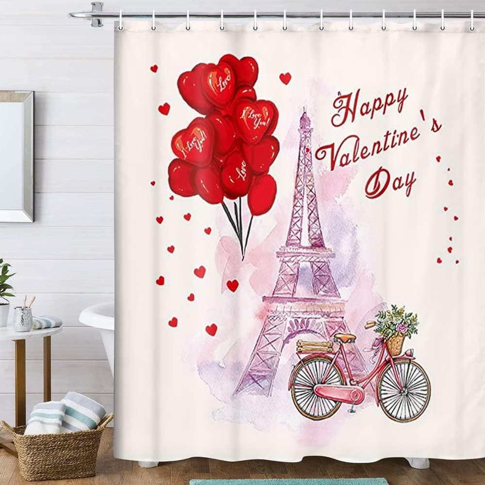 DYNH Valentines Day Shower Curtain, Watercolor Heart Shaped Love Balloon Air Falling and Bicycle Under Paris Eiffel Tower Shower Curtains, Fabric Shower Curtain for Bathroom 12PCS Hooks, 69X70IN