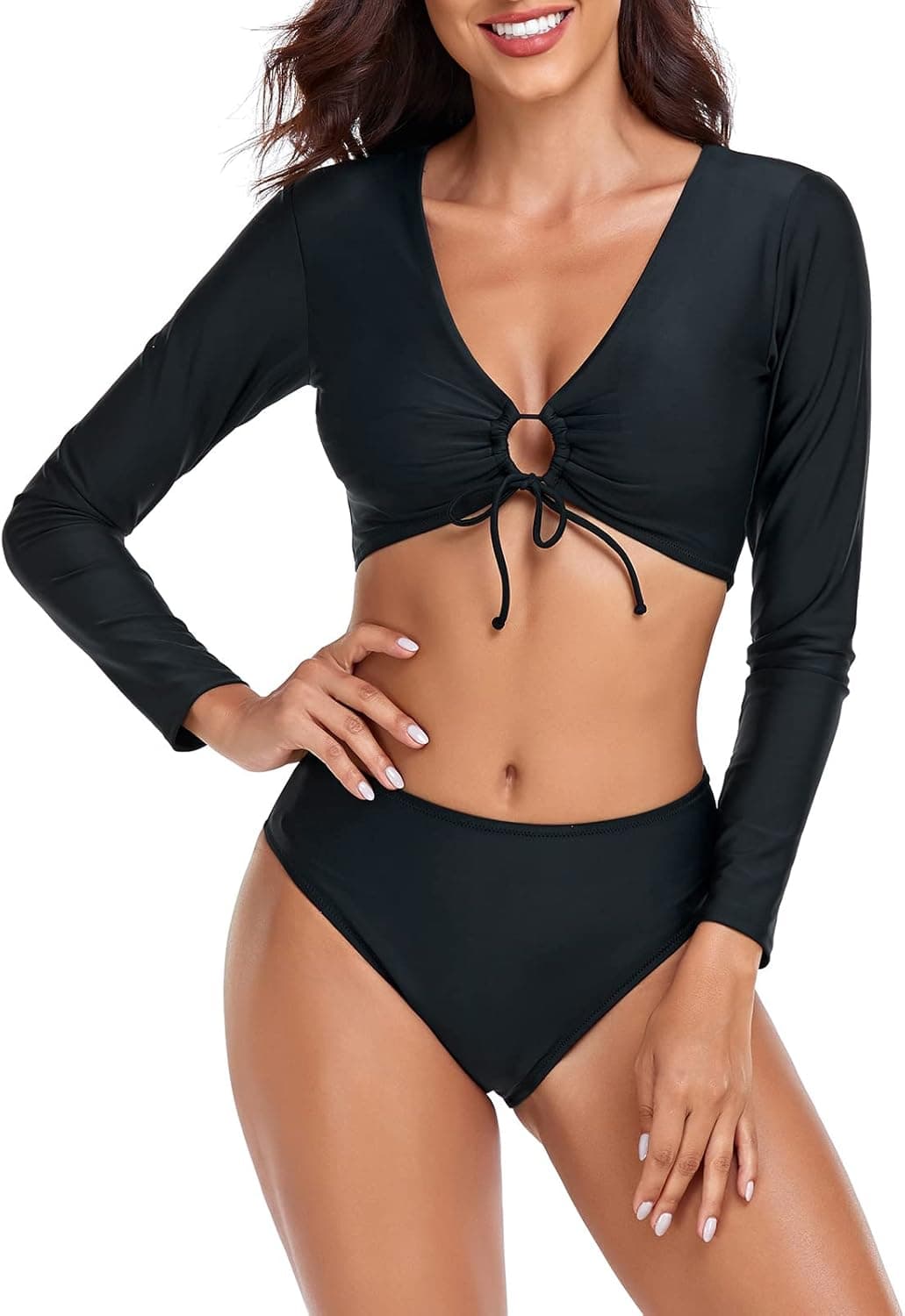 RELLECIGA Women's Swim Shirt Rashguard Long Sleeve Crop Top with High Waisted Bikini Bottom