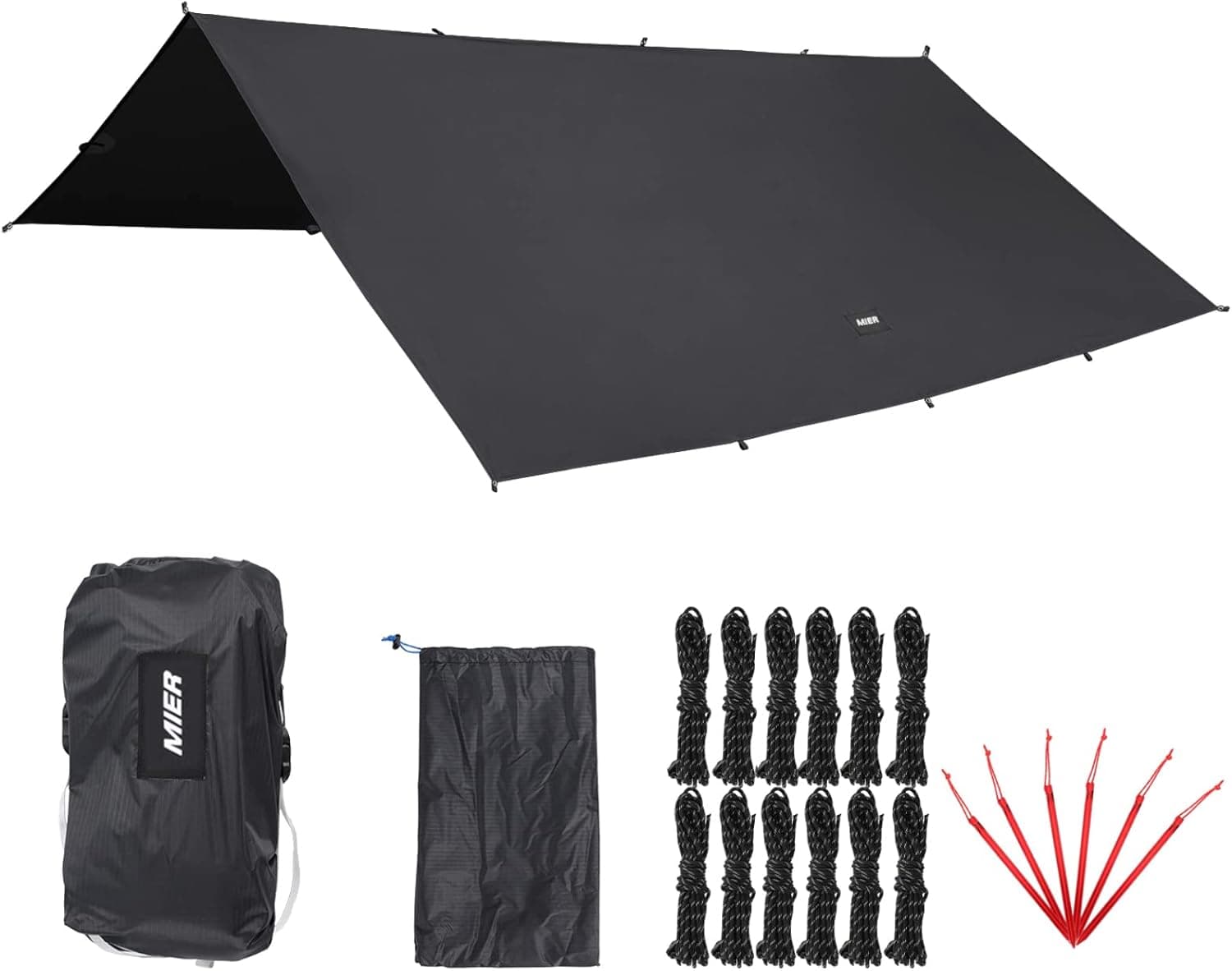 MIER Camping Tent Tarp Hammock Rain Fly Waterproof Tent Footprint Shelter, Outdoor Picnic Mat Hiking Canopy Backpacking Sunshade Awning, Stakes and Guylines Included, Dark Grey, XL