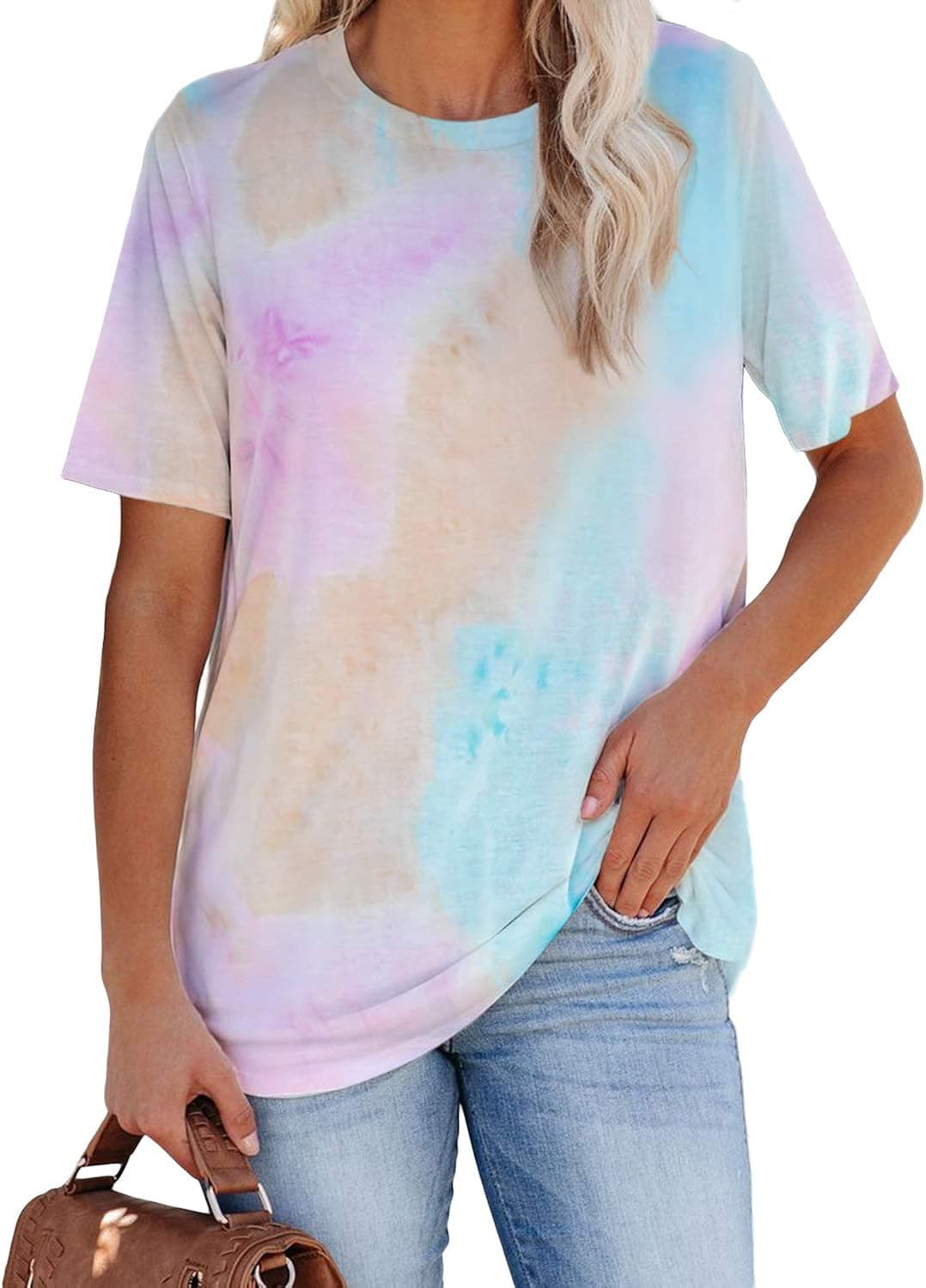Women's Tie Dye Summer Tops Crewneck Short Sleeve Blouses Loose Fit Cotton Flowy Tunic Shirts Office Clothes Multicolor XL