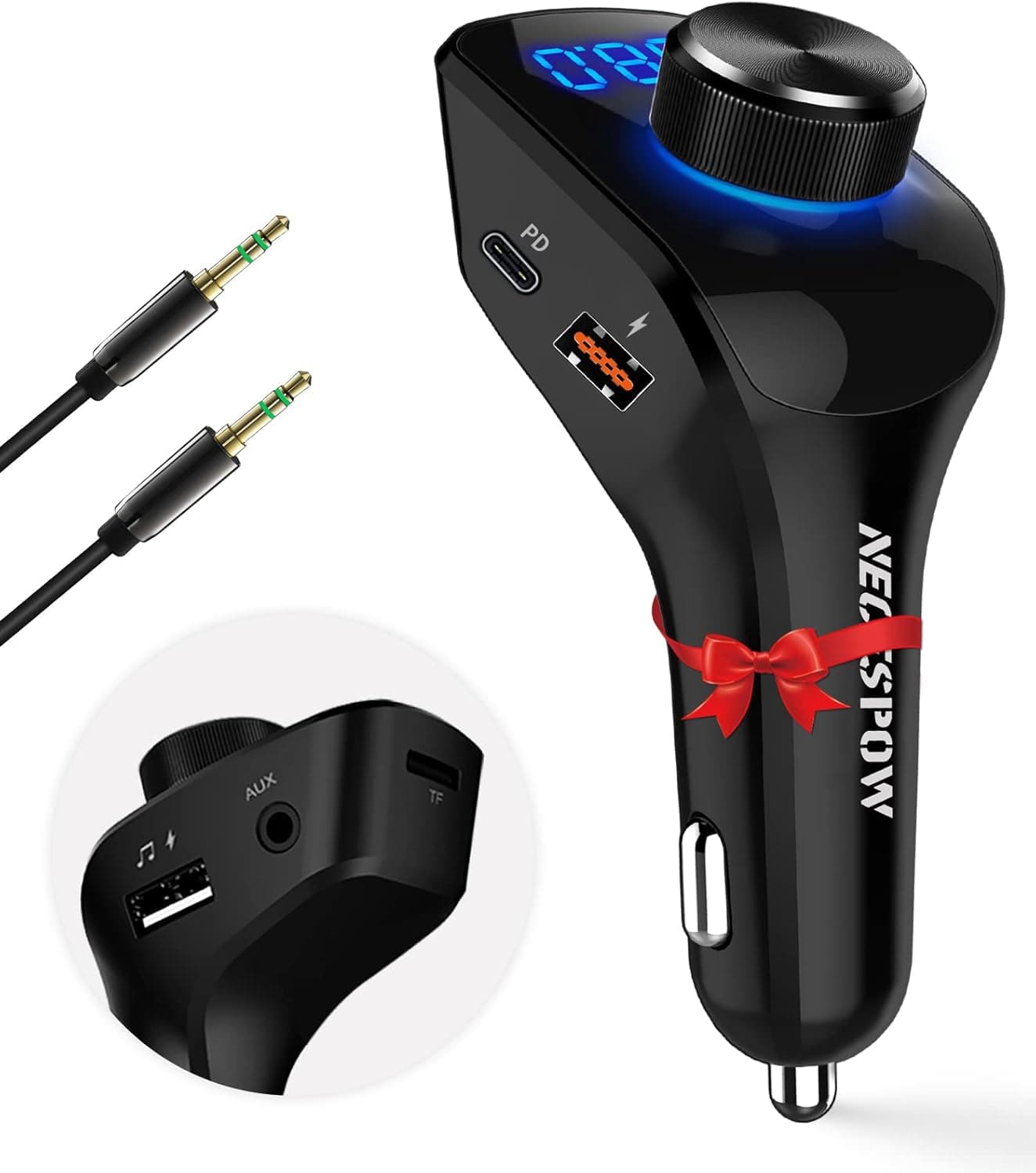 NECESPOW Bluetooth 5.0 FM Transmitter for Car, 48W USB-C PD + QC3.0 Dual USB Ports Fast Charging, Support AUX/TF Card/U-Disk, Bluetooth Car Adapter MP3 Player Wireless Radio Receiver Car Kit