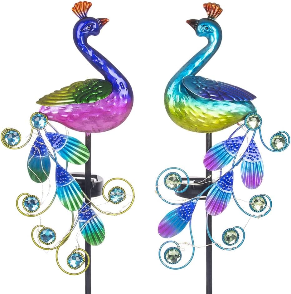 Viveta Pathway Lights Solar Powered, Waterproof Peacock Garden Decor - Metal Peacock Solar Lights for Outdoor Yard Lawn Walkway Driveway, 2Pack