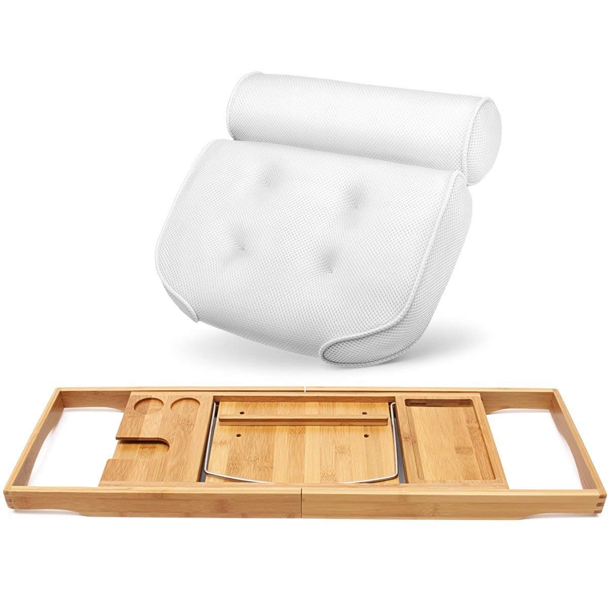 ESSORT Bath Pillow and Bath Tray Combo, Air Mesh Bathroom Cushion for Head, Neck, Shoulder Support, Bathtub Caddy Tray Adjustable Holder
