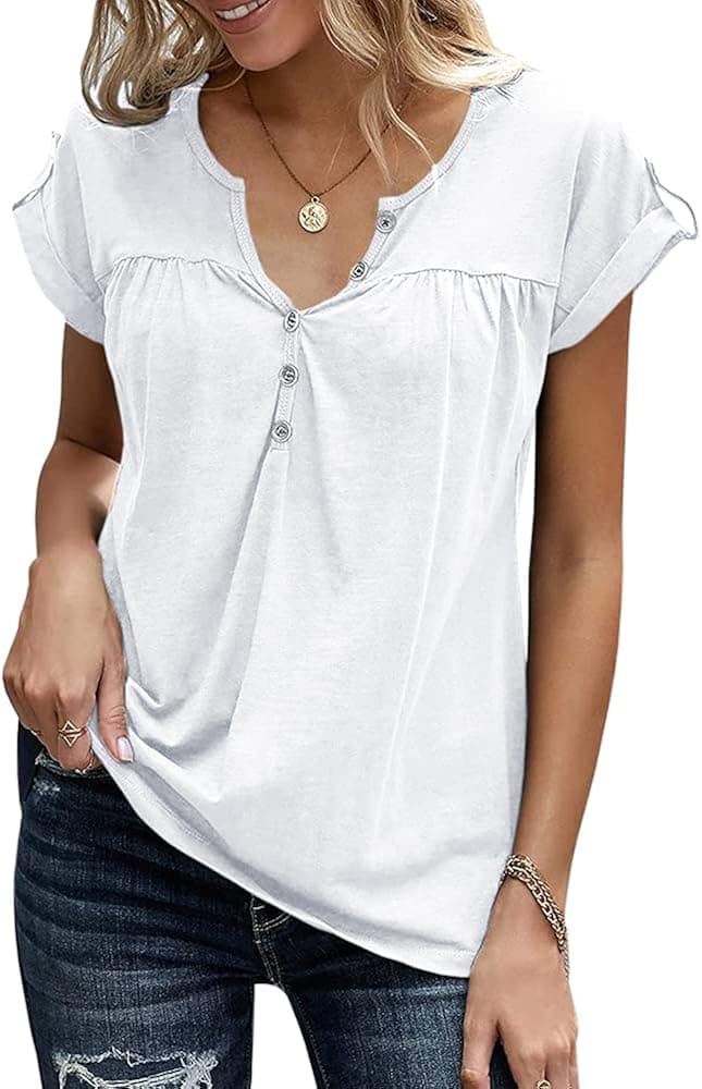 Haloumoning V Neck T Shirts for Women Henley Tees Tunic Tops Loose Casual Button Up Short Rolled Sleeve Solid Blouse