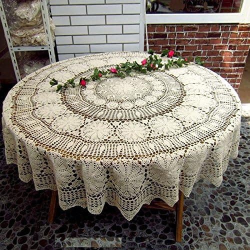 FADFAY Handmade Crochet Round Cotton Tablecloth Beige Table Doily 63"/70.6" Round Table Overlay