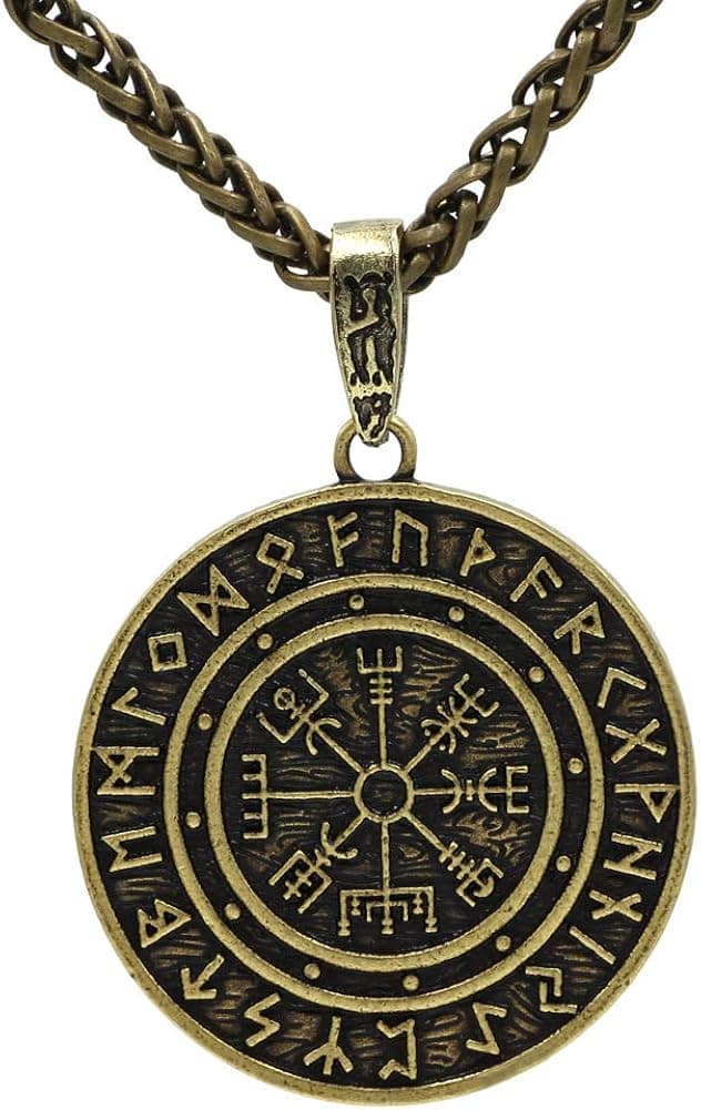 MLARK Handcrafted Norse Vikings Runes Amulet Pendant Celtic Pagan Pewter Viking Talisman Gift Necklace Jewelry for Men Unisex (#2-Gold)