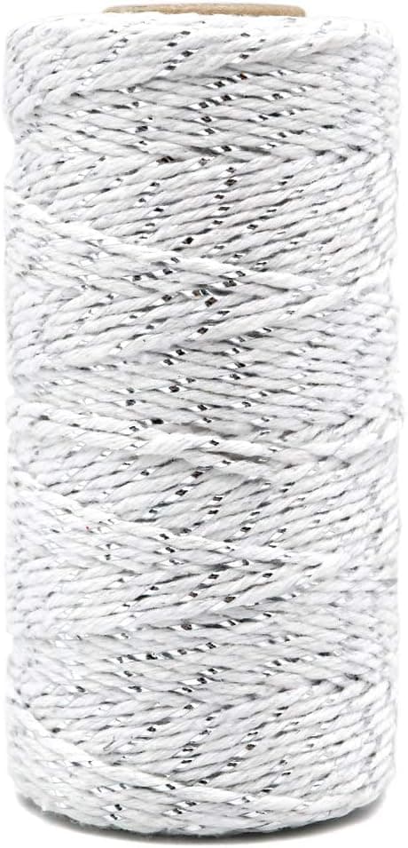 Silver and White Twine,100M/328 Feet 2 mm Cotton Baker's Twine,Christmas String,Heavy Duty Packing String for DIY Crafts and Gift Wrapping