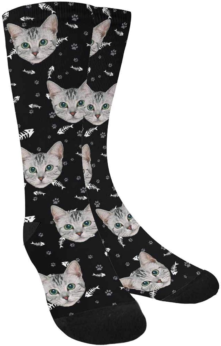 Custom Personalized Photo Pet Face Socks, Fish Bones, Cat and Dog Tracks Paws Crew Socks with Picture for Men Women