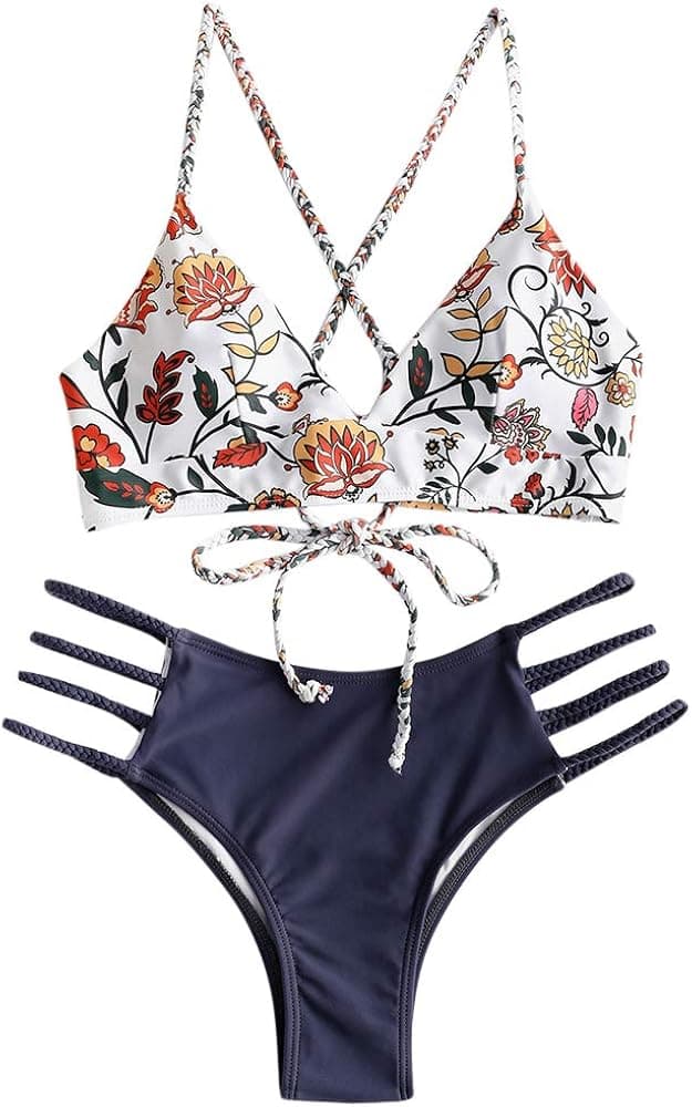 ZAFUL Women Braided Straps Lace Up Bikini Set Bralette Swimsuit Flower Bathing Suit (Floral Dark Blue, M)