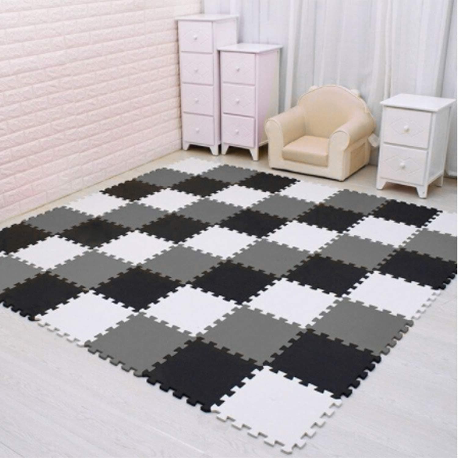 Children Puzzle mat Play mat Squares Foam Playmat Tiles Baby mats for Floor Puzzle Puzzle mat Children's Soft Playmats Girl playmat Carpet Interlocking Foam Floor mats for Baby Gray White Black 18 Til