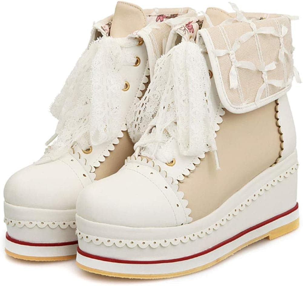 CELNEPHO Womens Ankle Boots for Girls Womens Cute Lolita Cosplay Round-toe Lace-up Mid Heel Platform Boots