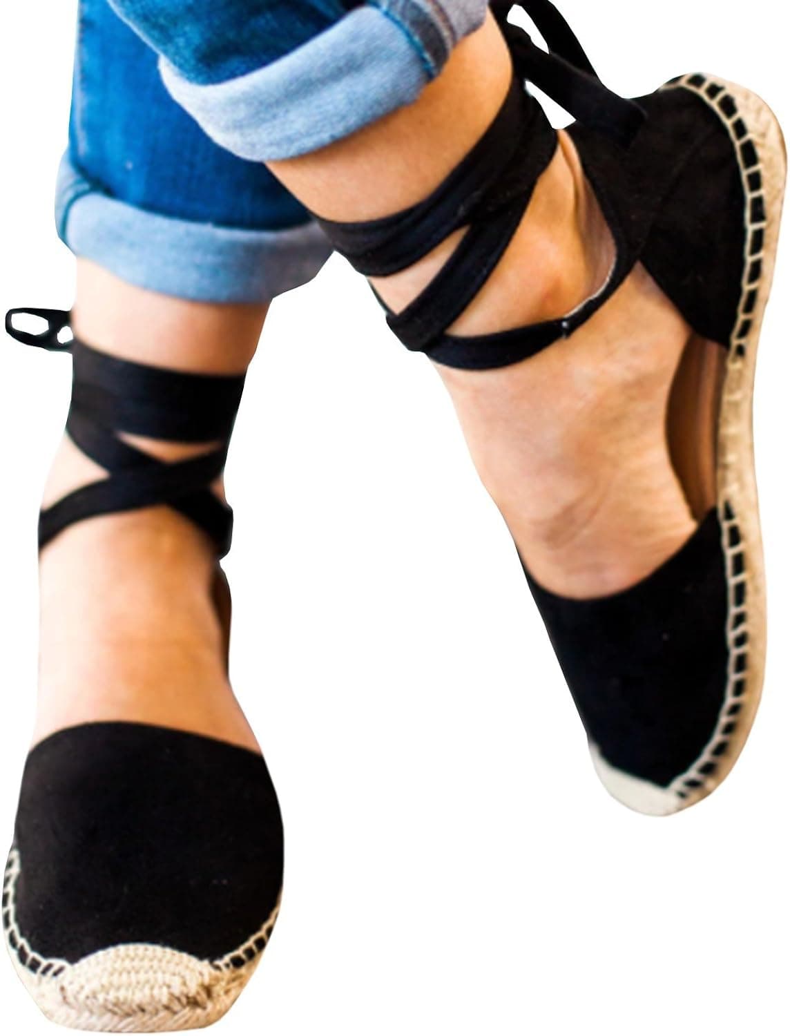 Womens Ankle Wrap Espadrilles Ballet Flat Lace Up Cut Out Pointed Toe Classic Sandals Summer Shoes