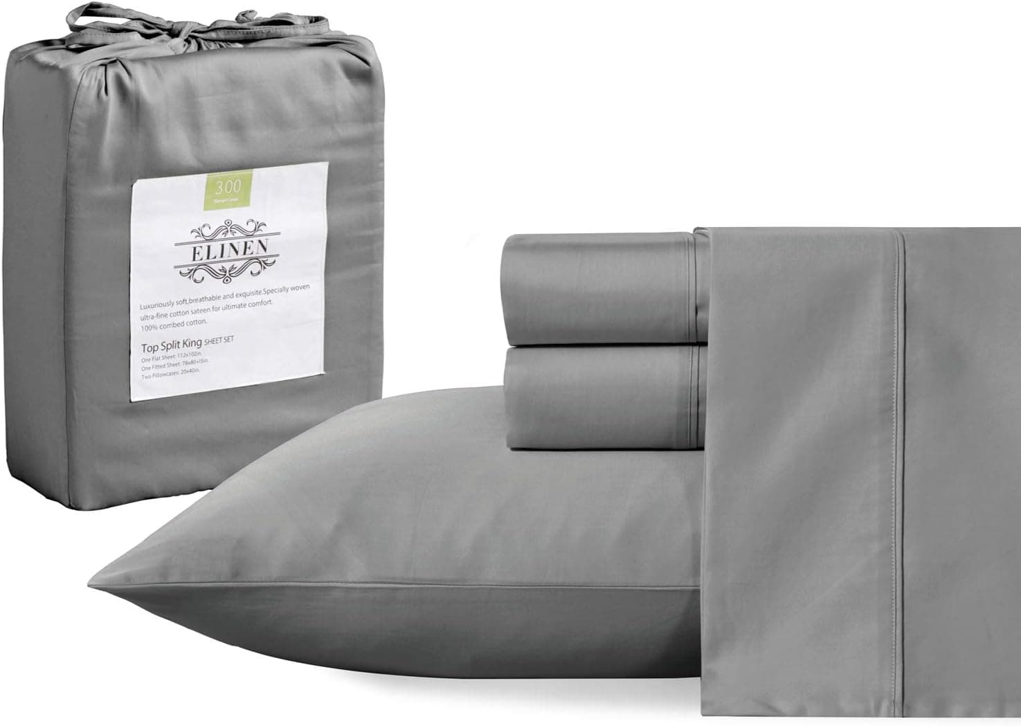 ELINEN 300 Thread Count 100% Cotton Sheets,Bed Sheet Set 4 Pieces,Lightweight, Soft & Silk Sateen Weave, Deep Pocket, Breathable & Fade Resistant (Dark Gray, Top Split King)
