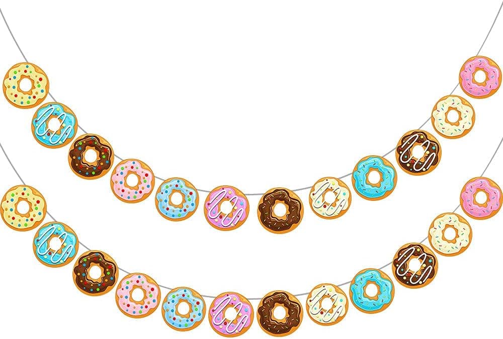 Donut Food Theme Party Banner Garland - 2 Pack Doughnut Birthday Party Supplies - Donut Time Party Decorations for Donut Grown Up Party Birthday Party Cake Food Favor Displays